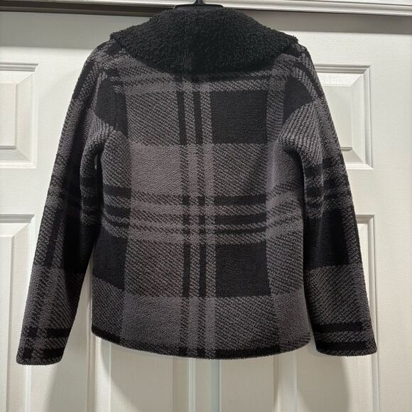 Barefoot Dreams CozyChic Black Grey Gray Plaid Shearling Cardigan Jacket Size XS - Picture 6 of 12